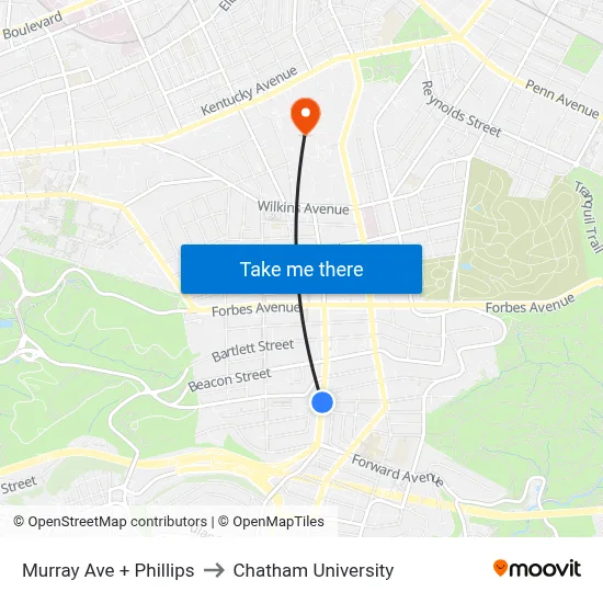 Murray Ave + Phillips to Chatham University map