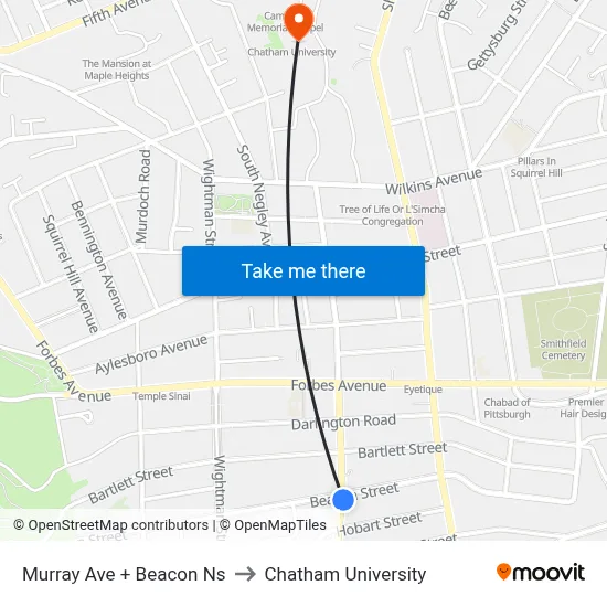 Murray Ave + Beacon Ns to Chatham University map
