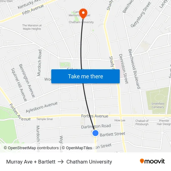 Murray Ave + Bartlett to Chatham University map
