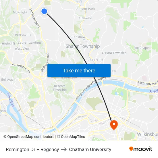 Remington Dr + Regency to Chatham University map