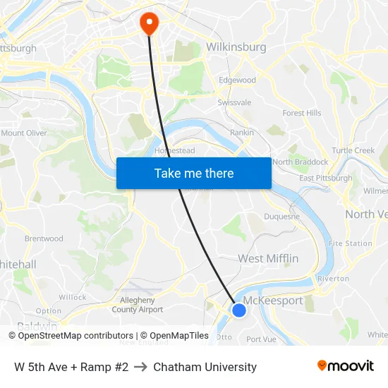 W 5th Ave + Ramp #2 to Chatham University map