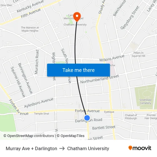 Murray Ave + Darlington to Chatham University map