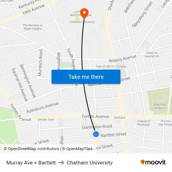 Murray Ave + Bartlett to Chatham University map
