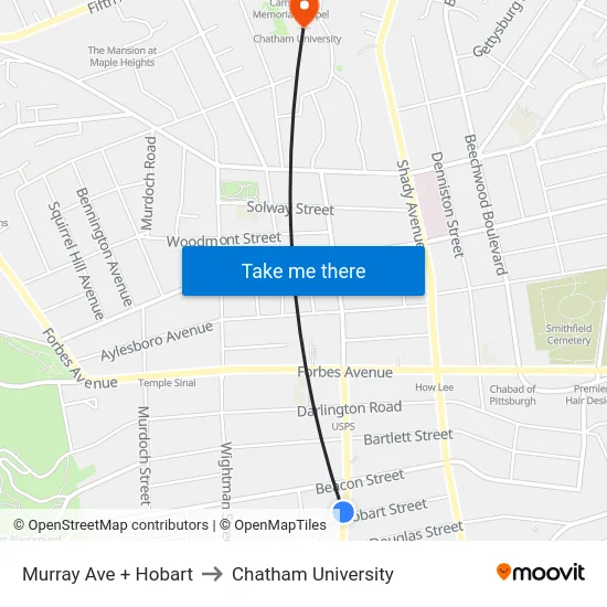 Murray Ave + Hobart to Chatham University map