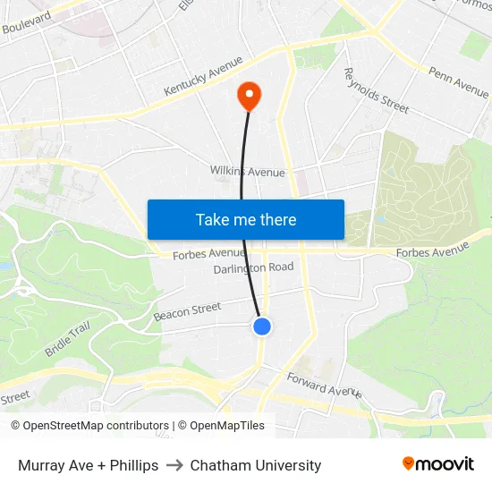 Murray Ave + Phillips to Chatham University map
