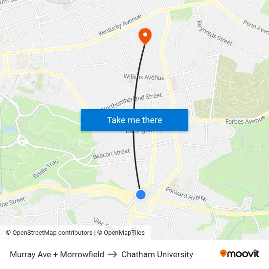 Murray Ave + Morrowfield to Chatham University map