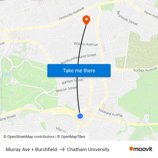 Murray Ave + Burchfield to Chatham University map