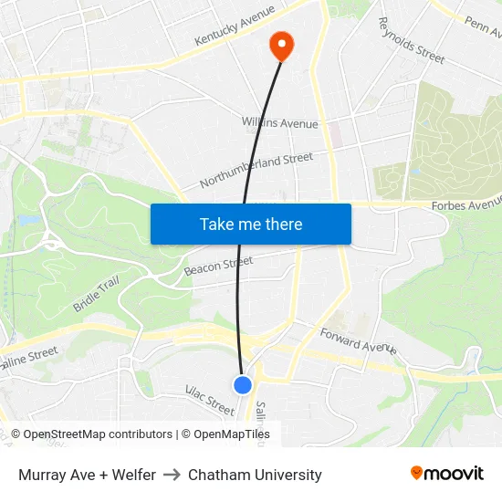 Murray Ave + Welfer to Chatham University map