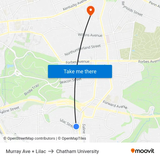 Murray Ave + Lilac to Chatham University map