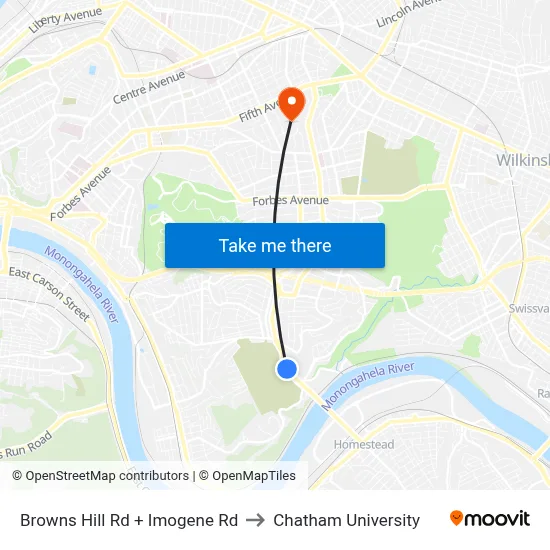 Browns Hill Rd + Imogene Rd to Chatham University map