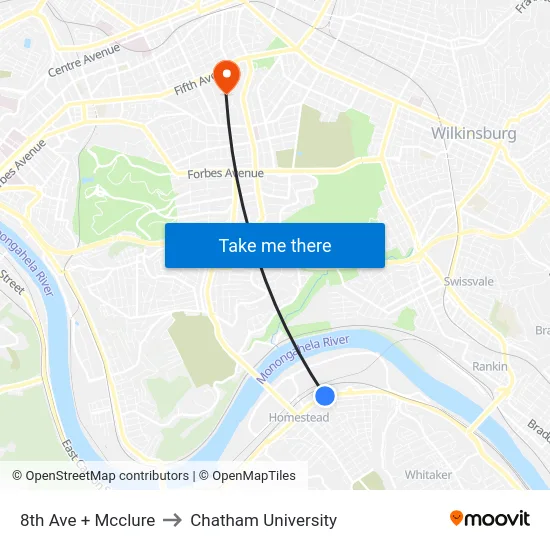 8th Ave + Mcclure to Chatham University map