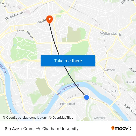 8th Ave + Grant to Chatham University map