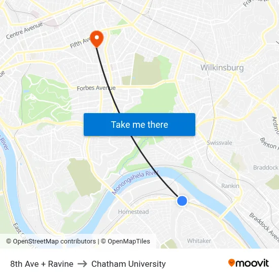 8th Ave + Ravine to Chatham University map