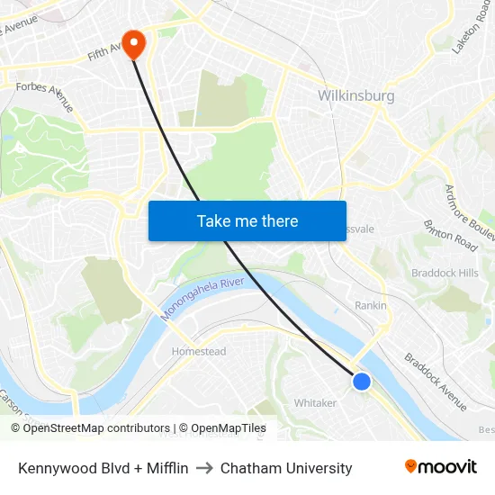 Kennywood Blvd + Mifflin to Chatham University map