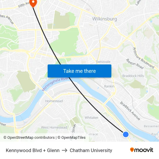 Kennywood Blvd + Glenn to Chatham University map