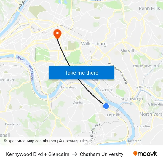 Kennywood Blvd + Glencairn to Chatham University map
