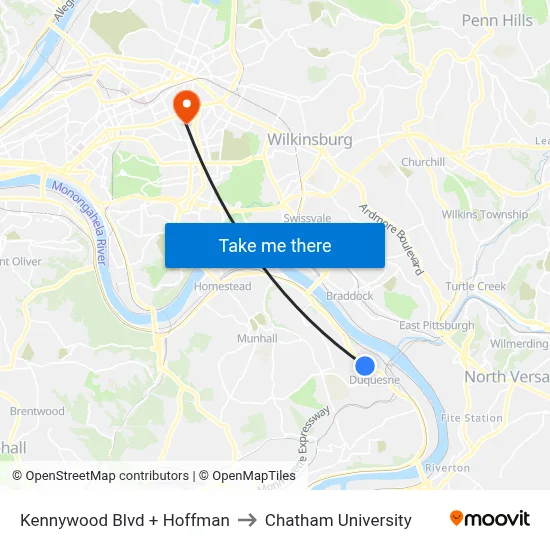 Kennywood Blvd + Hoffman to Chatham University map