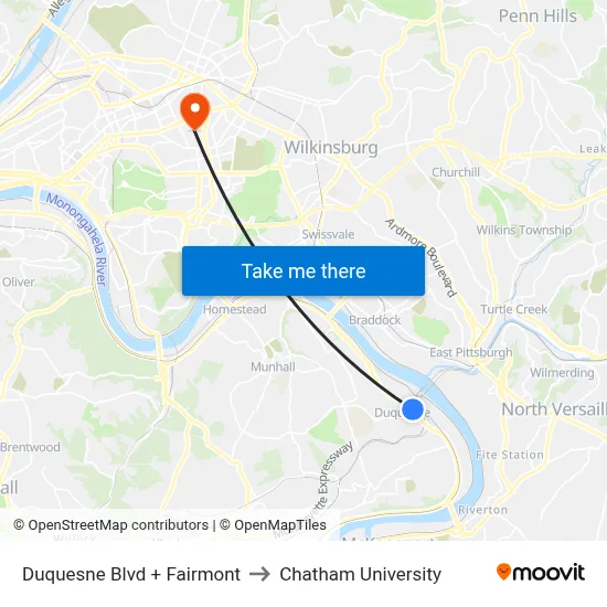 Duquesne Blvd + Fairmont to Chatham University map