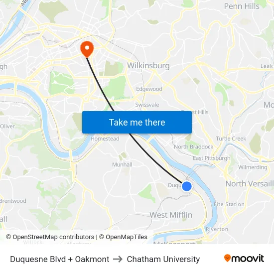 Duquesne Blvd + Oakmont to Chatham University map
