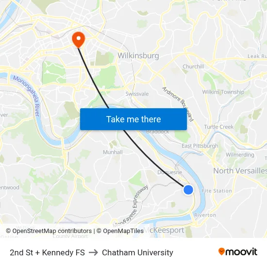 2nd St + Kennedy FS to Chatham University map