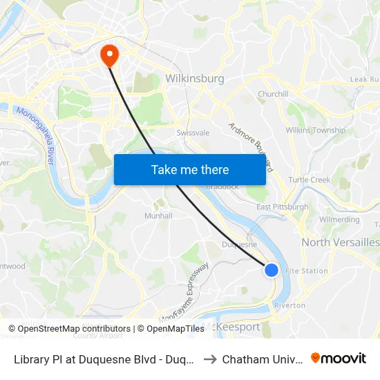 Library Pl at Duquesne Blvd - Duquesne Pnr to Chatham University map