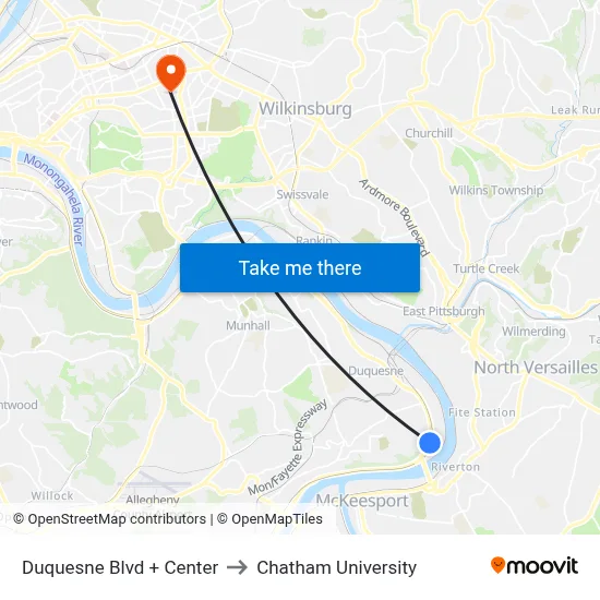 Duquesne Blvd + Center to Chatham University map
