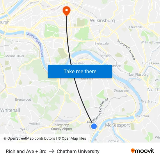 Richland Ave + 3rd to Chatham University map