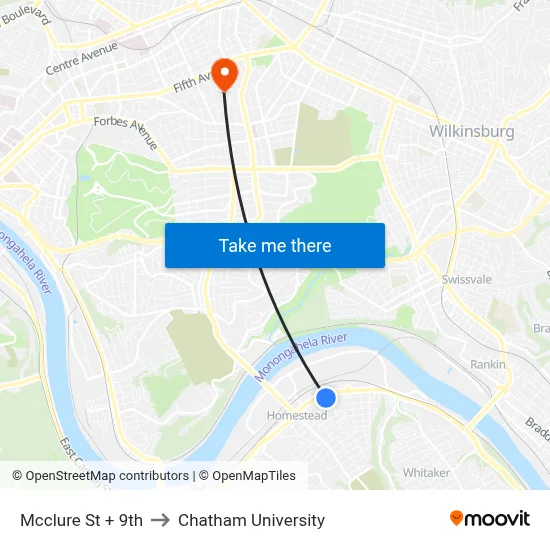 Mcclure St + 9th to Chatham University map