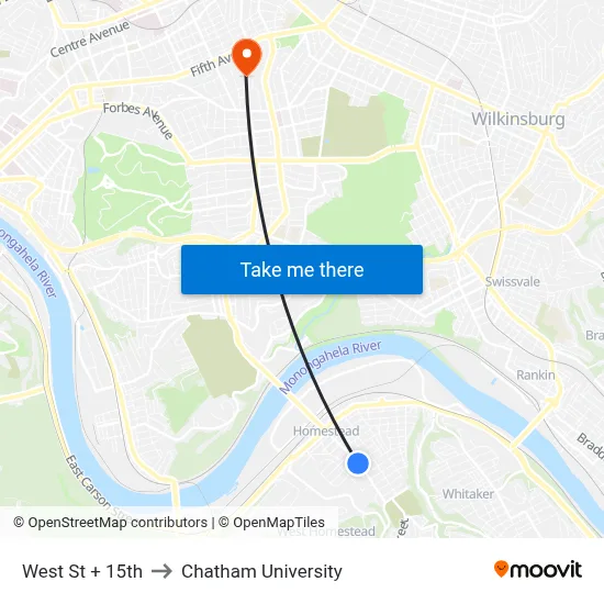 West St + 15th to Chatham University map