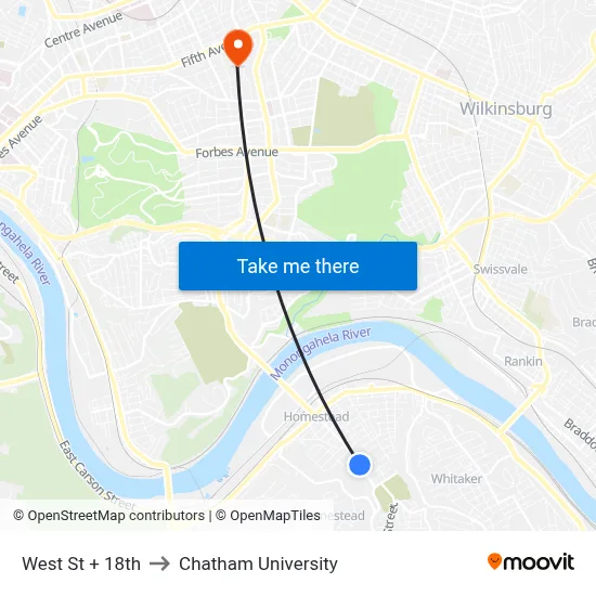 West St + 18th to Chatham University map