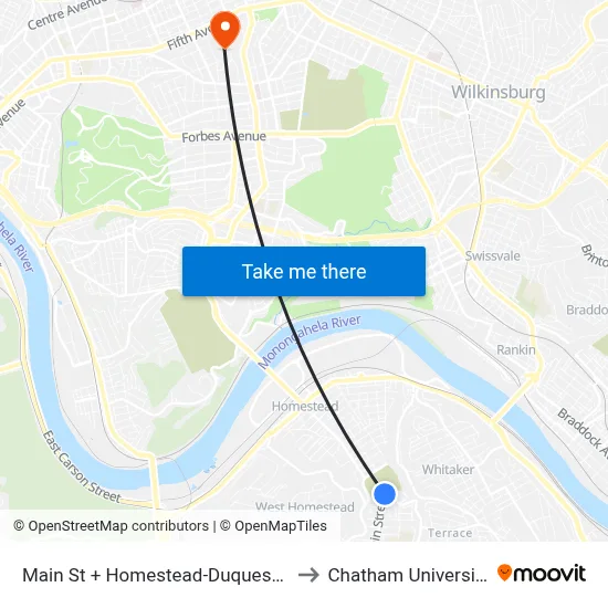 Main St + Homestead-Duquesne to Chatham University map