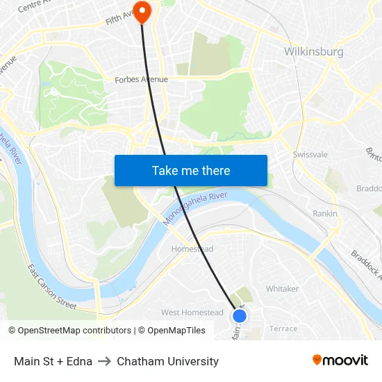 Main St + Edna to Chatham University map