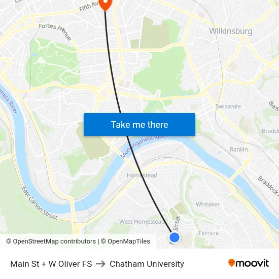 Main St + W Oliver FS to Chatham University map