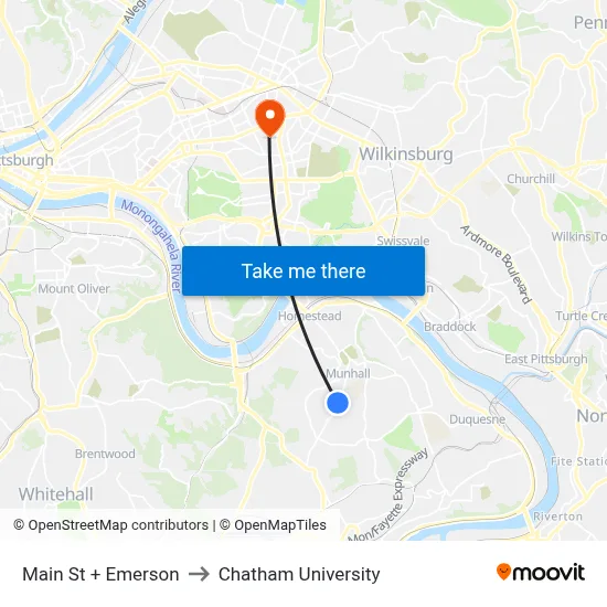 Main St + Emerson to Chatham University map