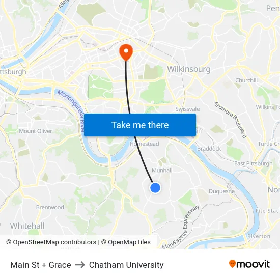 Main St + Grace to Chatham University map
