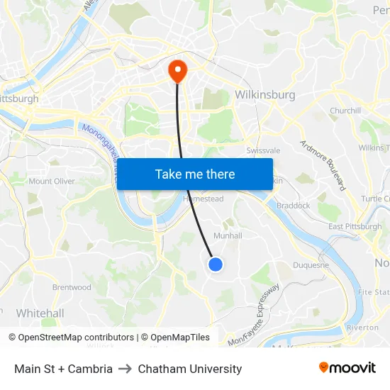 Main St + Cambria to Chatham University map