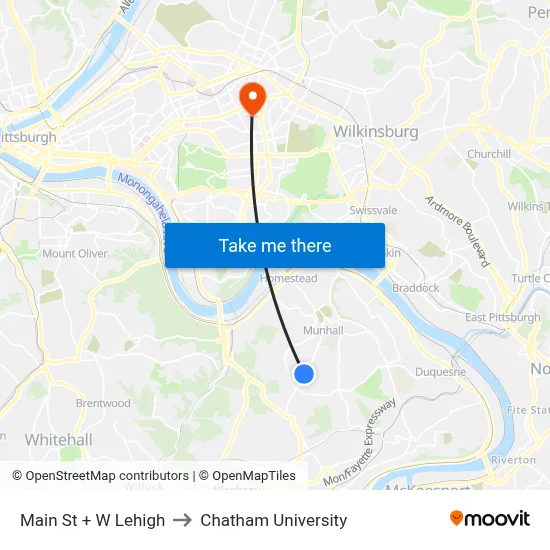 Main St + W Lehigh to Chatham University map