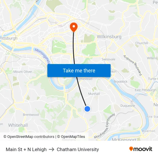 Main St + N Lehigh to Chatham University map
