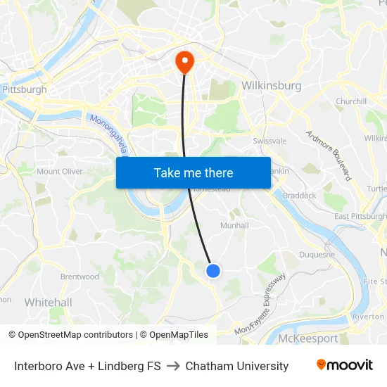 Interboro Ave + Lindberg FS to Chatham University map