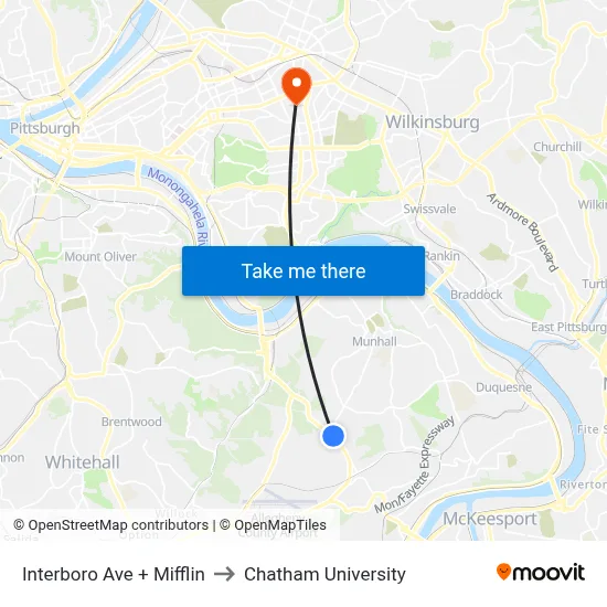 Interboro Ave + Mifflin to Chatham University map