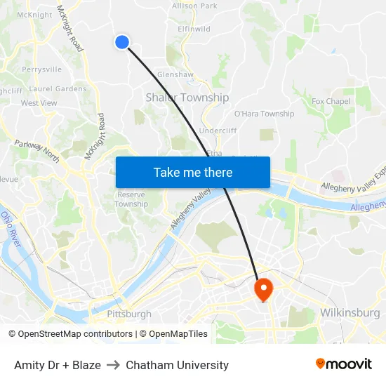 Amity Dr + Blaze to Chatham University map