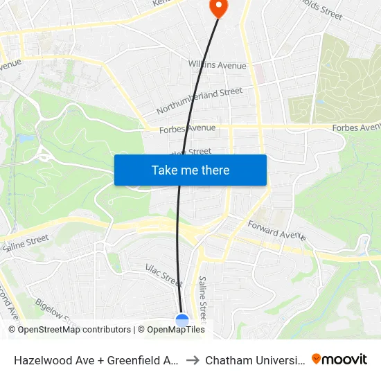 Hazelwood Ave + Greenfield Ave to Chatham University map