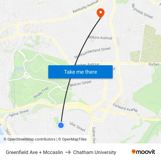 Greenfield Ave + Mccaslin to Chatham University map