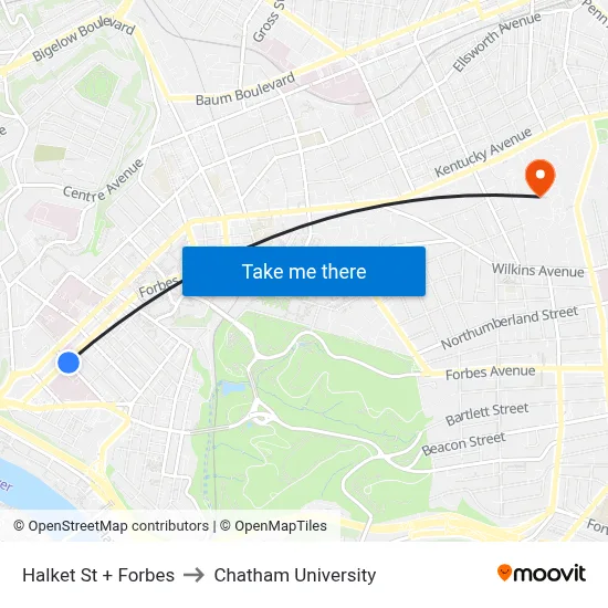Halket St + Forbes to Chatham University map
