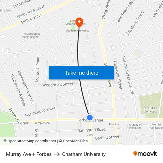 Murray Ave + Forbes to Chatham University map