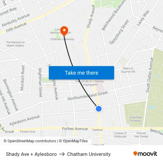 Shady Ave + Aylesboro to Chatham University map
