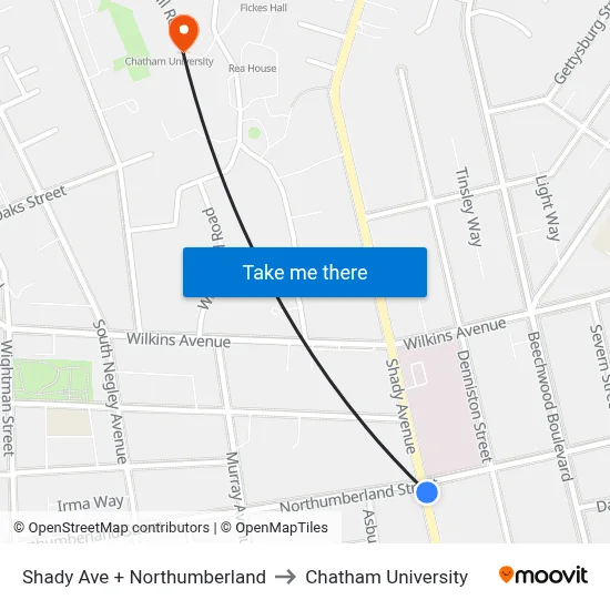 Shady Ave + Northumberland to Chatham University map