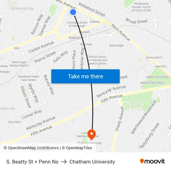 S. Beatty St + Penn Ns to Chatham University map