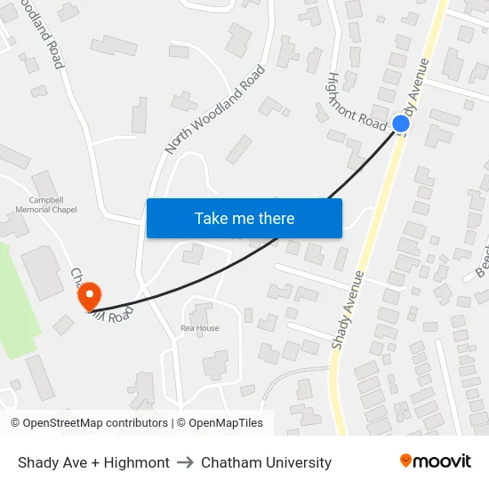 Shady Ave + Highmont to Chatham University map