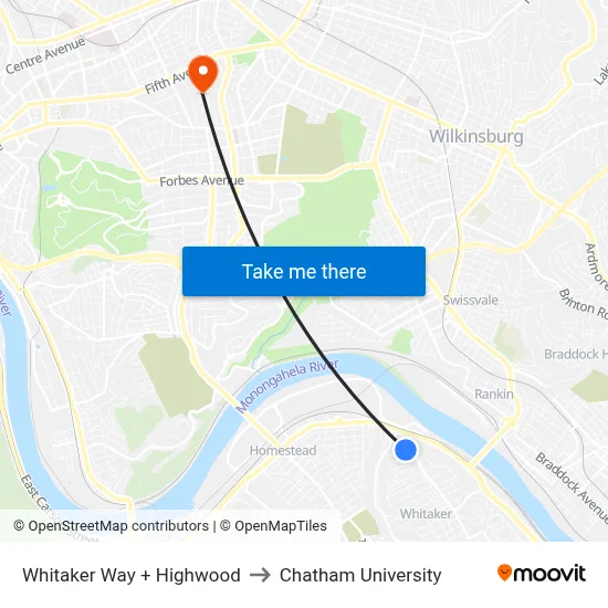 Whitaker Way + Highwood to Chatham University map